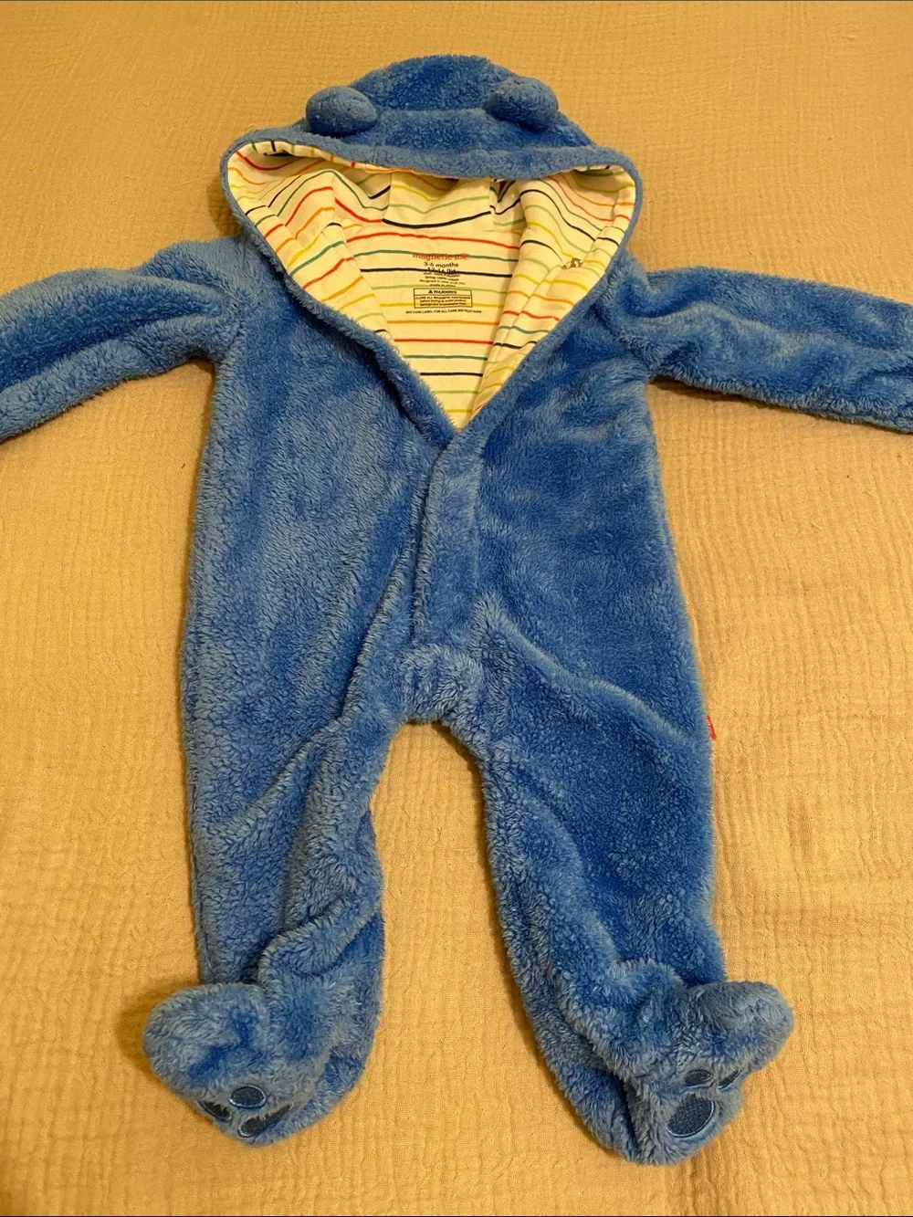 Magnetic Me Royal Blue Plush Hooded Baby One-Piece. Size 3-6 months